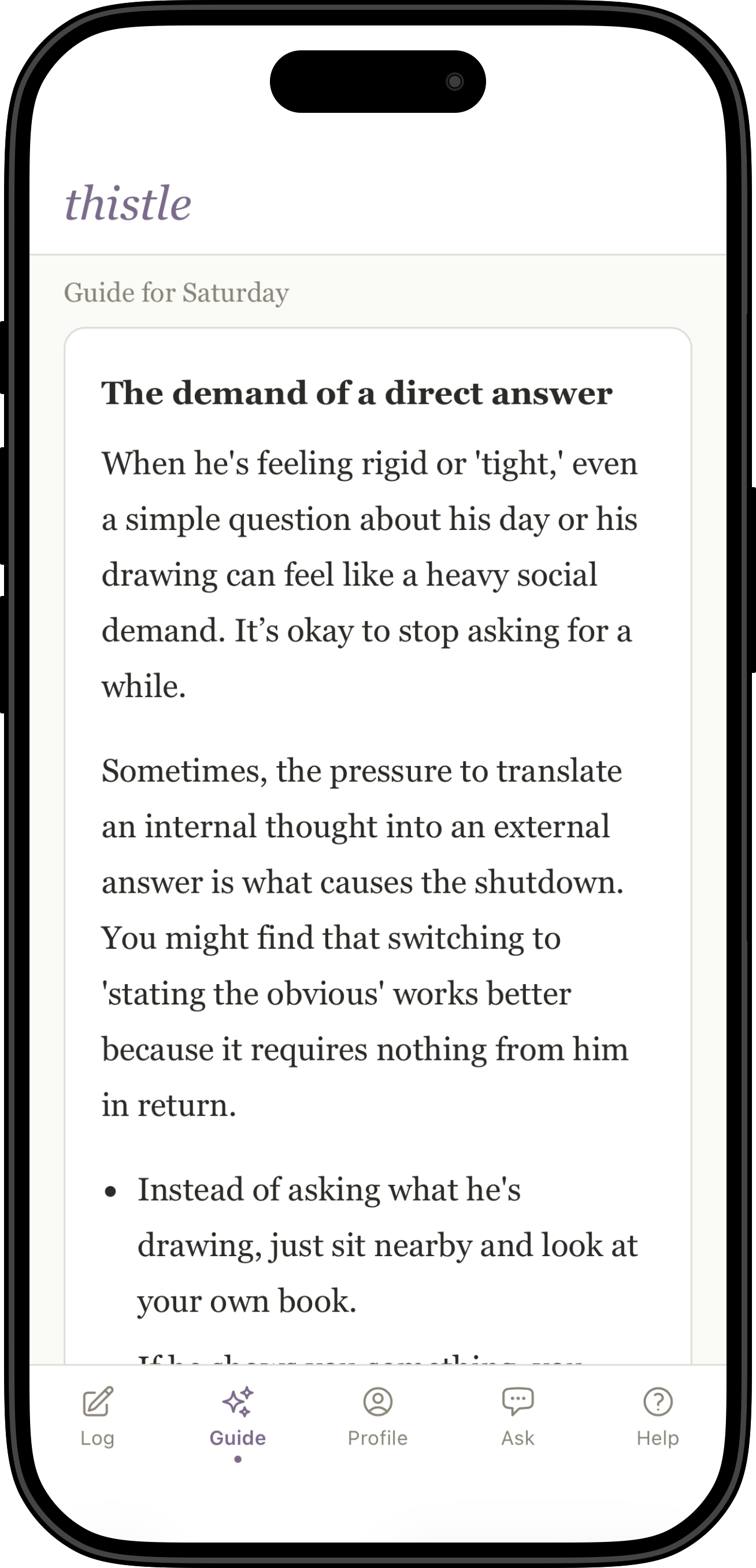 Thistle app showing a personalized daily parenting guide