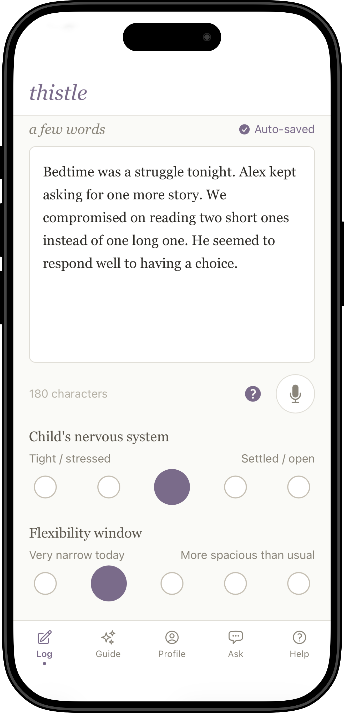Thistle daily logging interface for tracking child behavior patterns